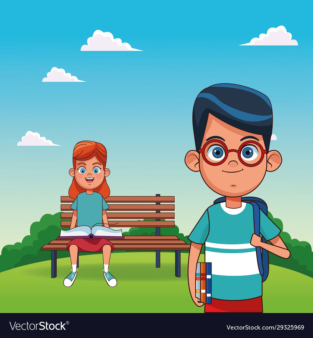 Cartoon girl sitting on a bench and boy standing