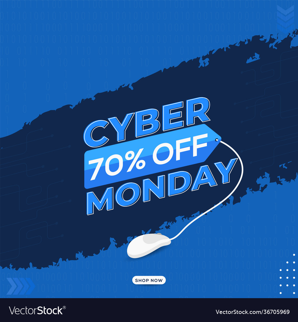 Cyber monday text with 70 off tag realistic mouse vector image Cyber monday text with 70 off tag realistic mouse