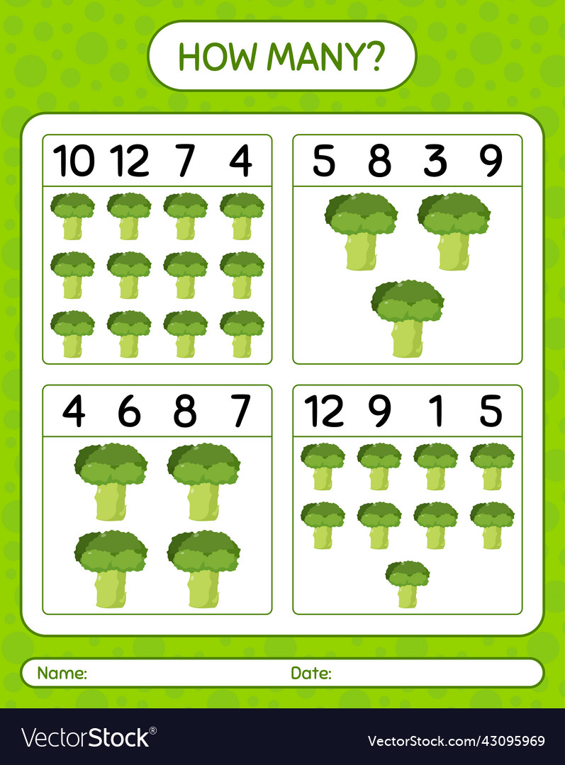 How many counting game with broccoli worksheet vector image How many counting game with broccoli worksheet