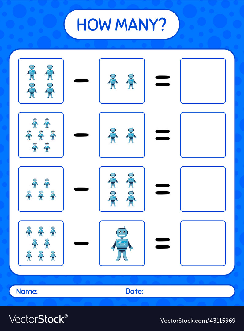 How many counting game with robot toy worksheet vector image How many counting game with robot toy worksheet