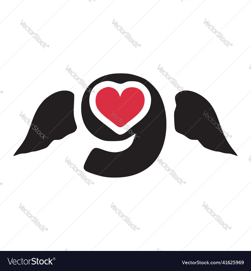 Number 9 with wings and heart symbol doodle icon