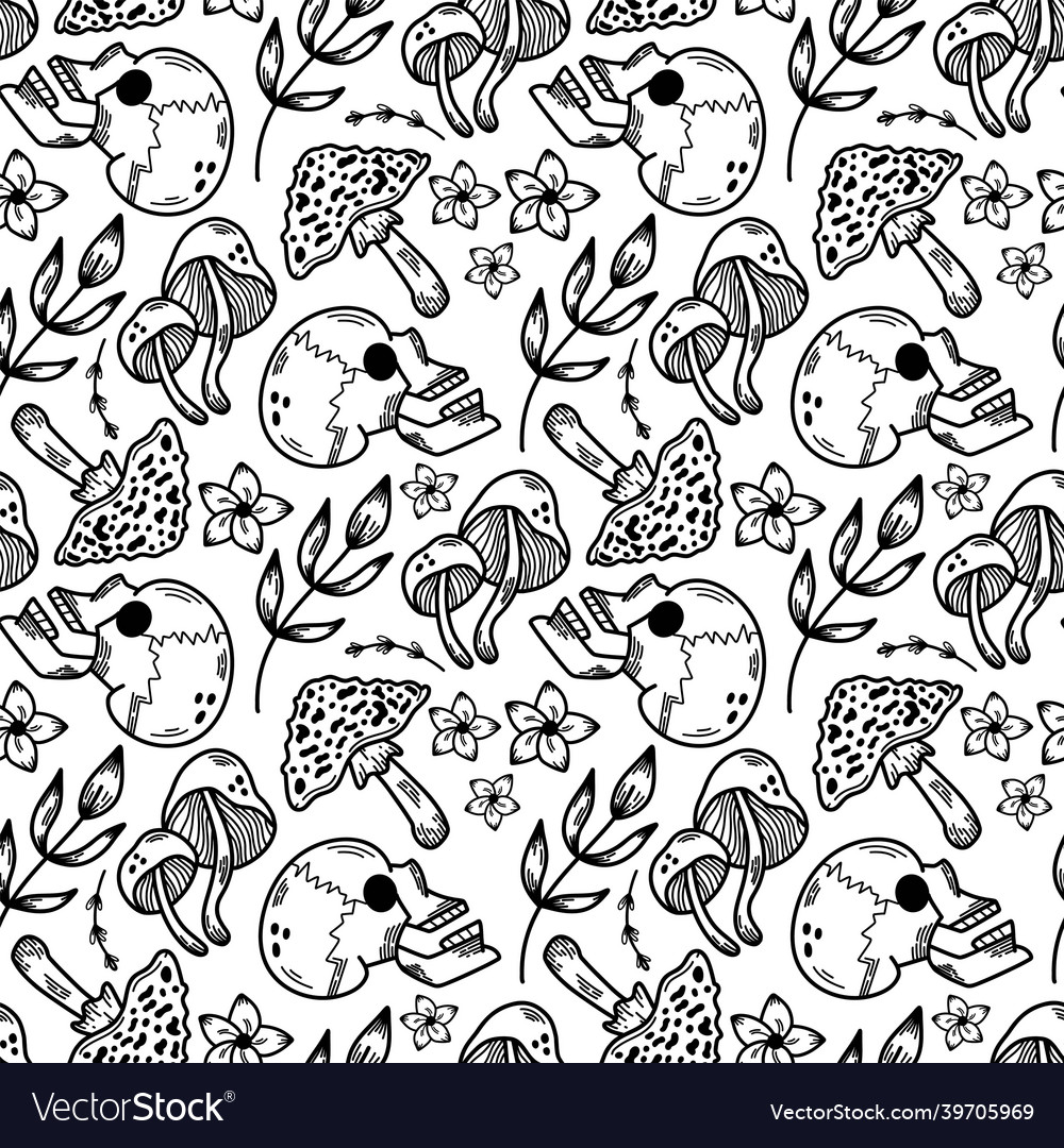 Seamless pattern with skull and mushrooms