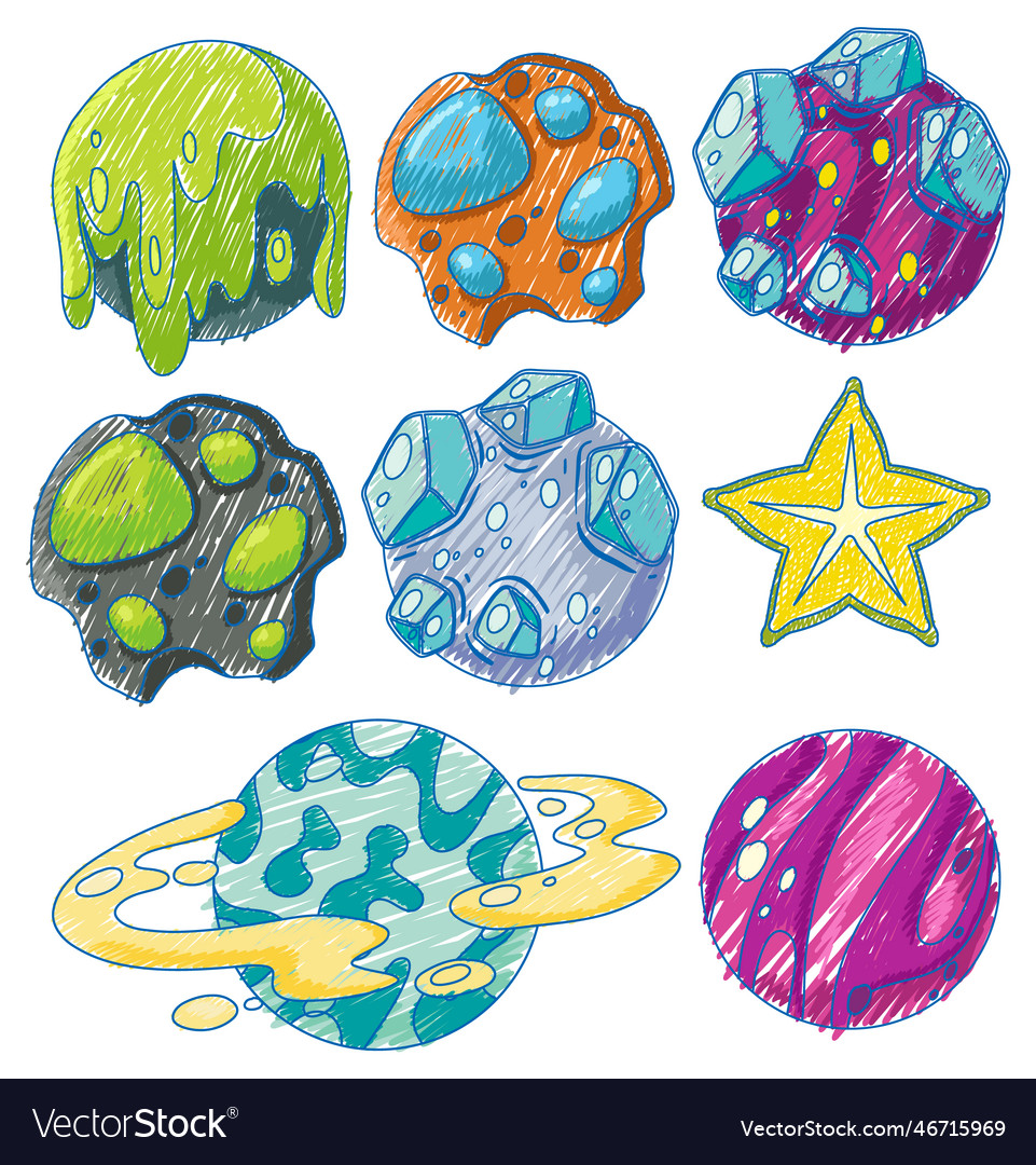 Space objects in pencil colour sketch simple style
