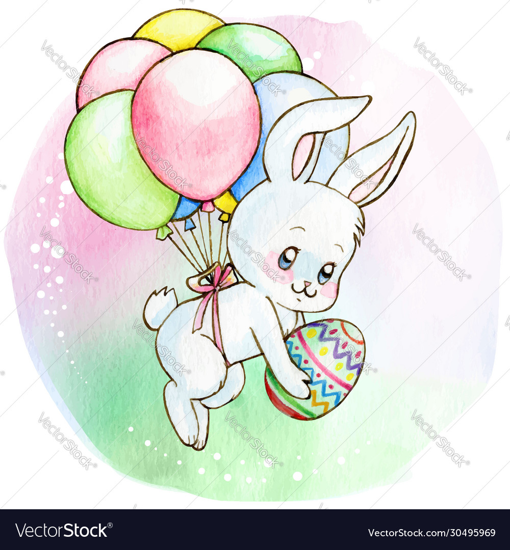 Watercolor cute white bunny flying with balloons vector image Watercolor cute white bunny flying with balloons