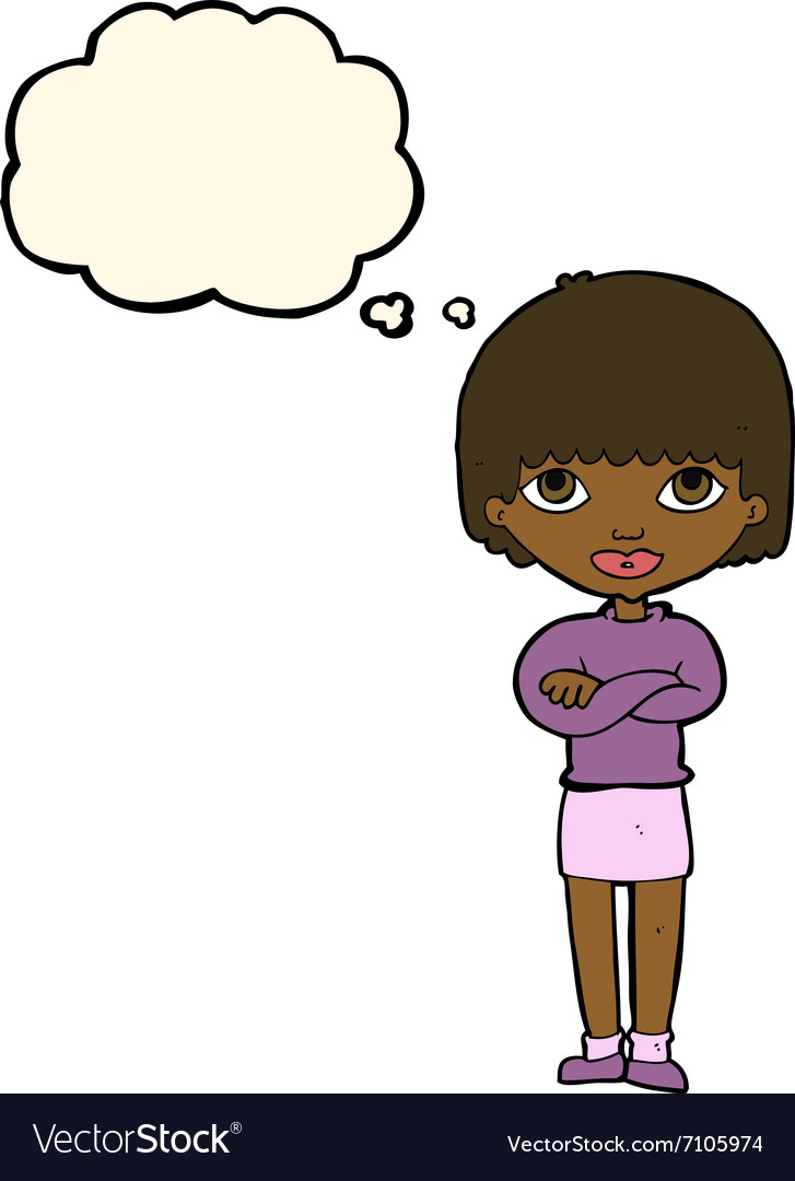 Cartoon woman with folded arms thought bubble