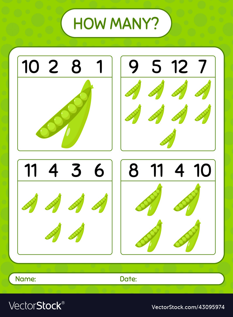 How many counting game with peas worksheet vector image How many counting game with peas worksheet