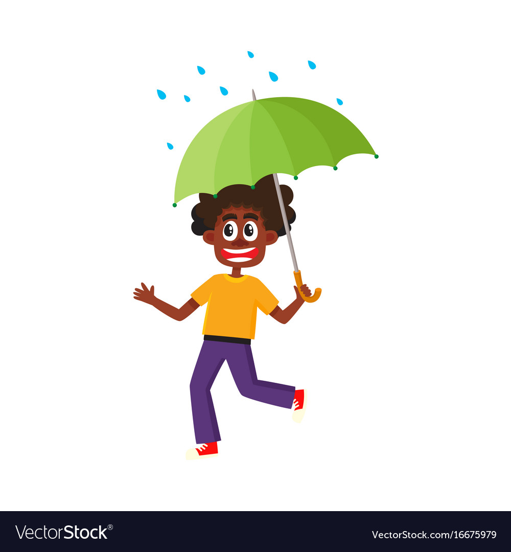 boy keeping umbrella in hand under rain royalty free vector