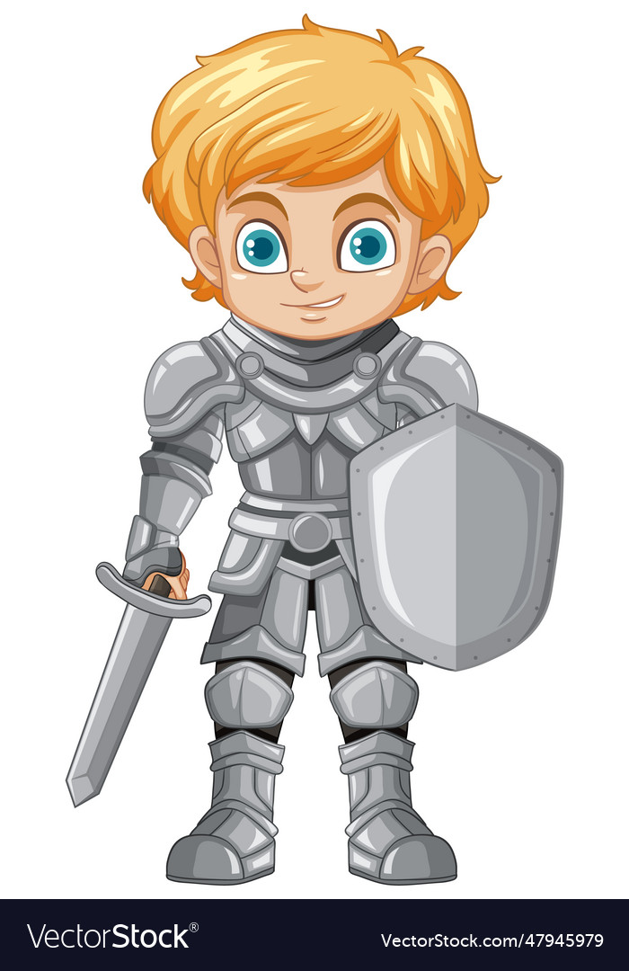 Cartoon knight boy holding sword and shield Vector Image