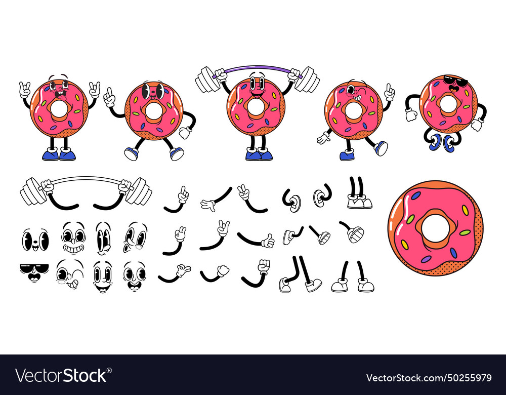 Cartoon retro groovy donut character construction