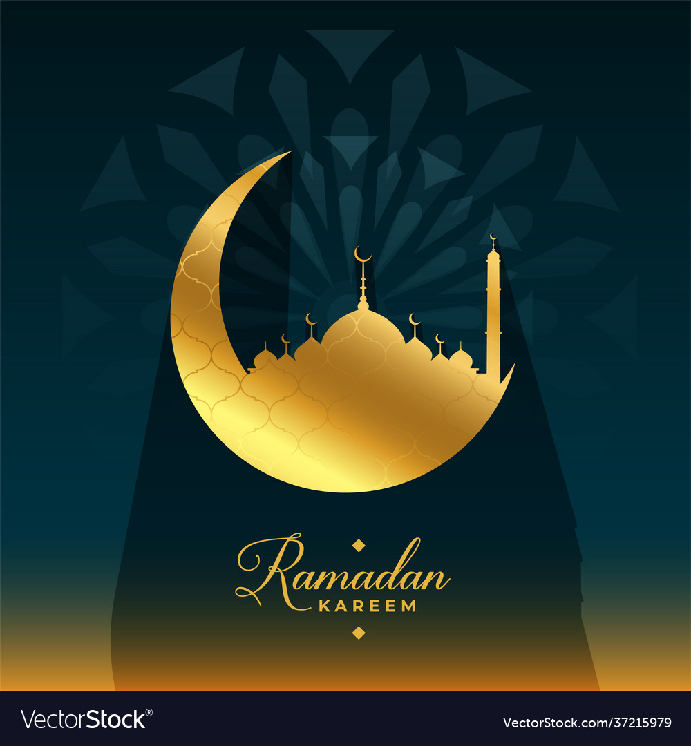 Ramadan kareem golden moon and mosque card design Vector Image