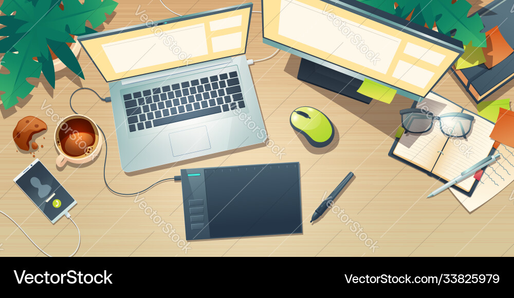 Top view designer workspace with graphic tablet Vector Image