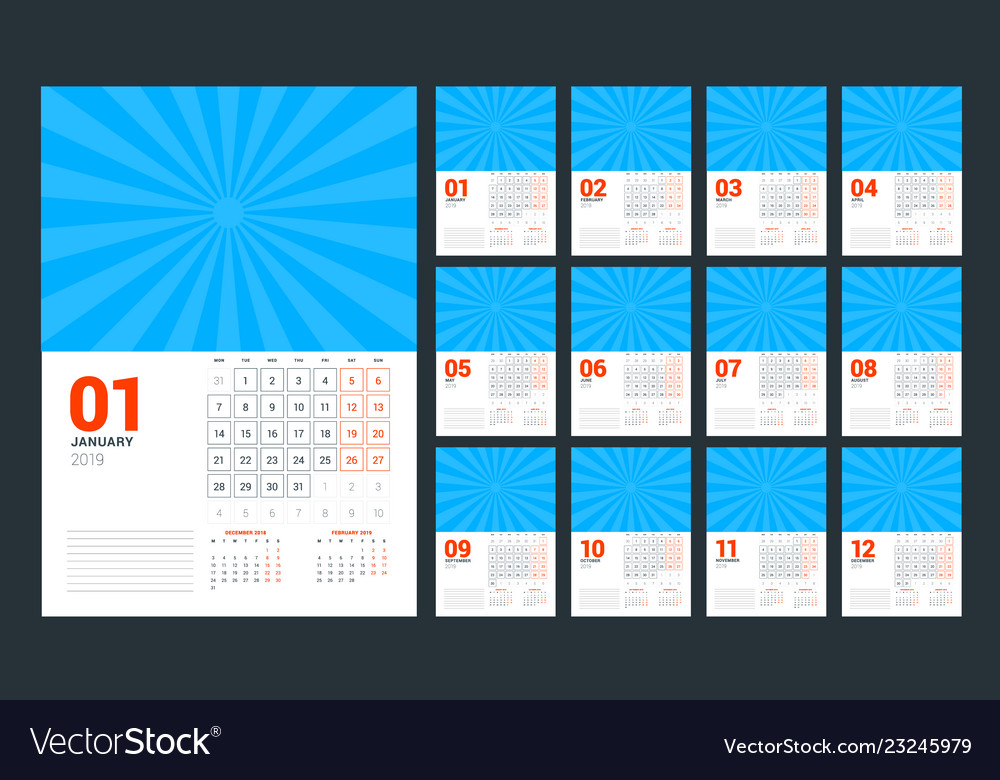 Wandkalender Planervorlage für 2019 Jahr Woche