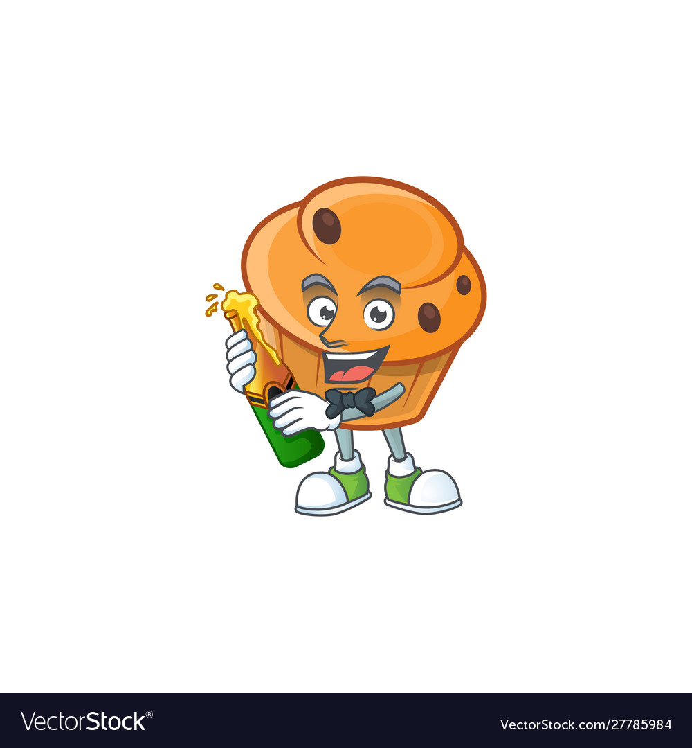 Brioche mascot with bring beer on white background