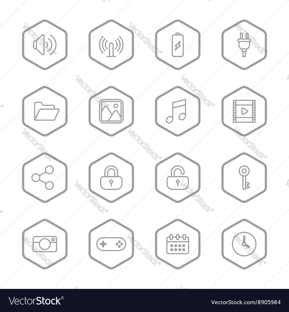Gray line web icon set with hexagon frame