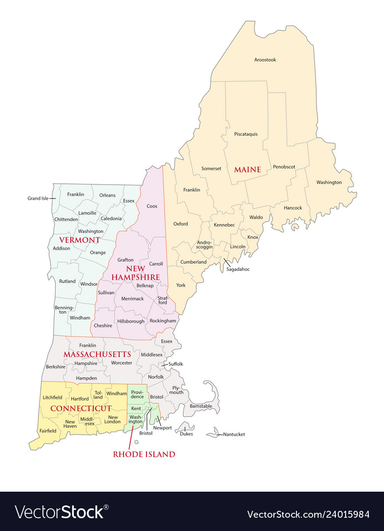 Map Of Ne England New England States Administrative Map Royalty Free Vector