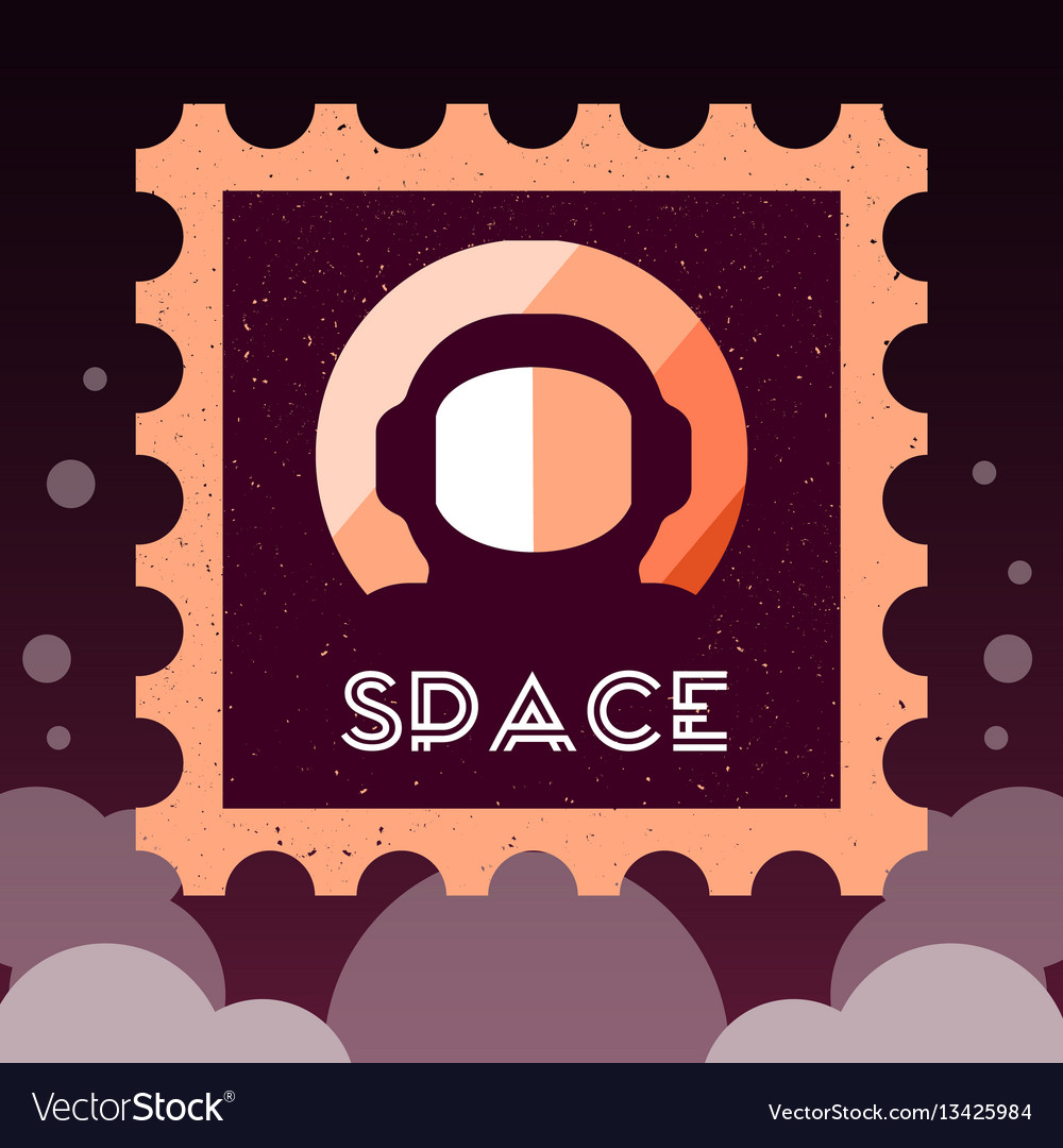 Post stamp with rocket in the space and flat vector image Post stamp with rocket in the space and flat