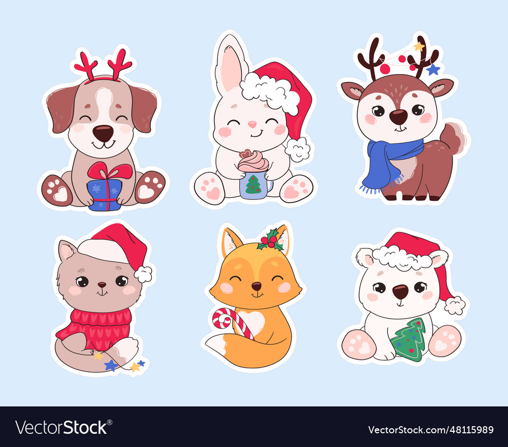 Christmas stickers cute animals set