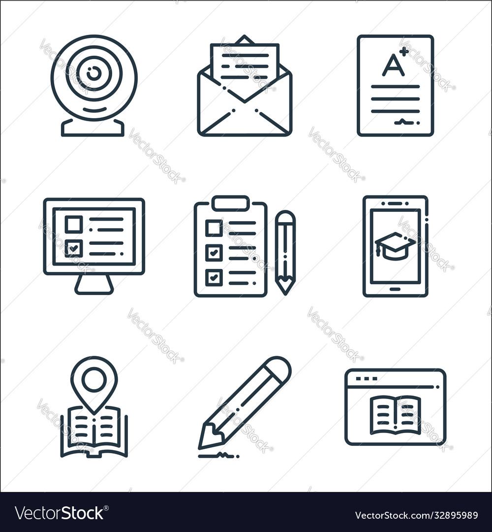 Online learning line icons linear set quality vector image Online learning line icons linear set quality