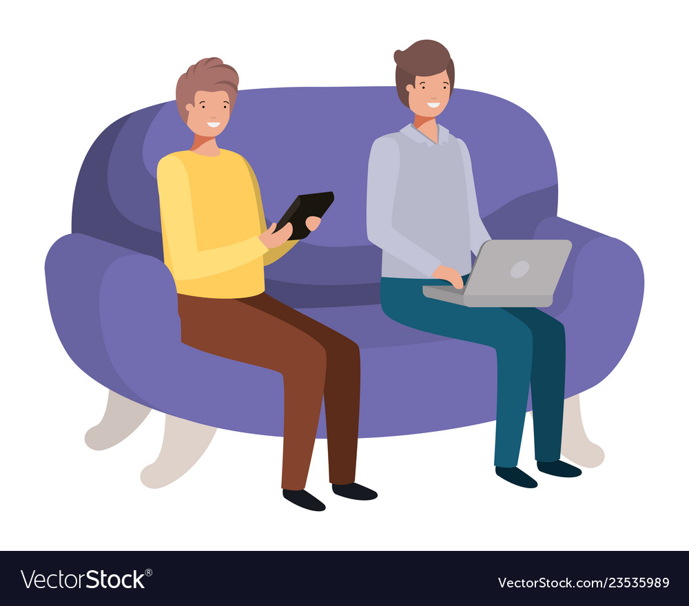 Young men sitting on sofa avatar character