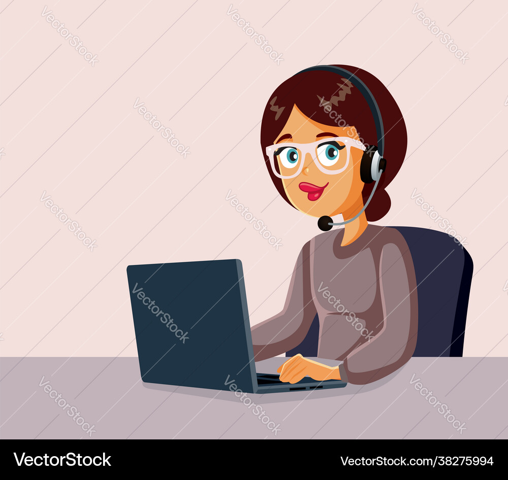 Female call center operator working on a laptop Vector Image