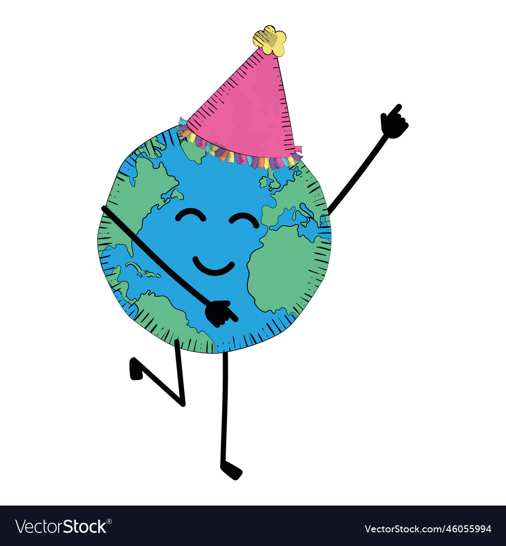 Isolated planet earth sketch character with party