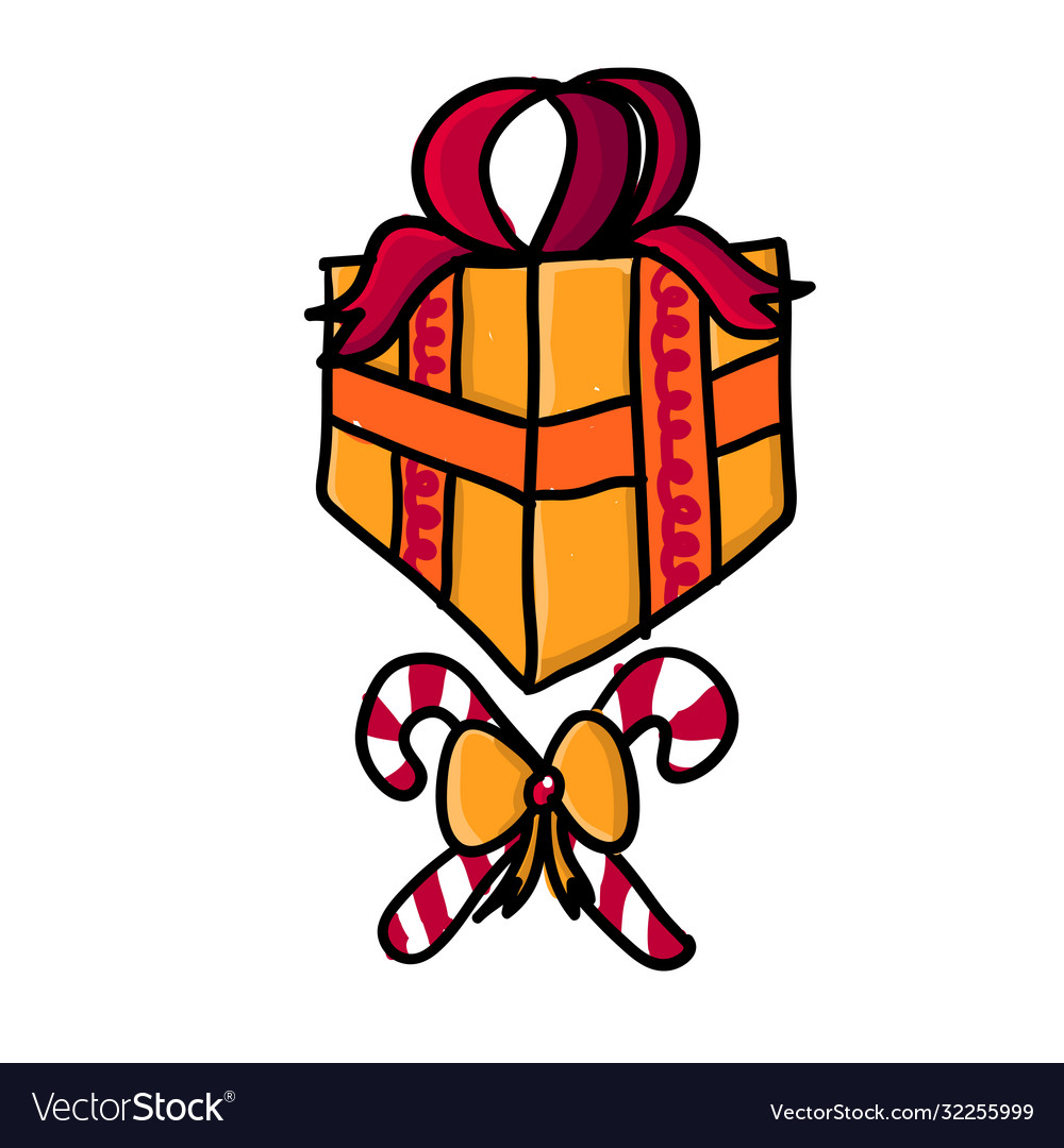 Hand drawn doodle gift box with christmas candy vector image Hand drawn doodle gift box with christmas candy