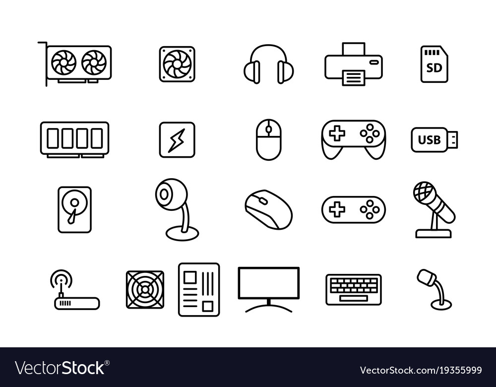 Set of computers and accessories in linear style