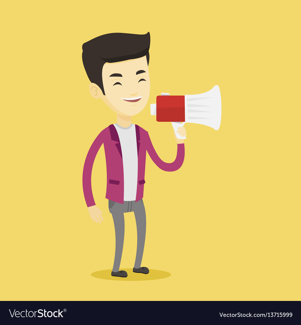 Young man speaking into megaphone Royalty Free Vector Image