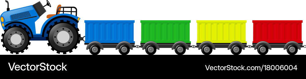 Blue tractor with four wagon carts Royalty Free Vector Image