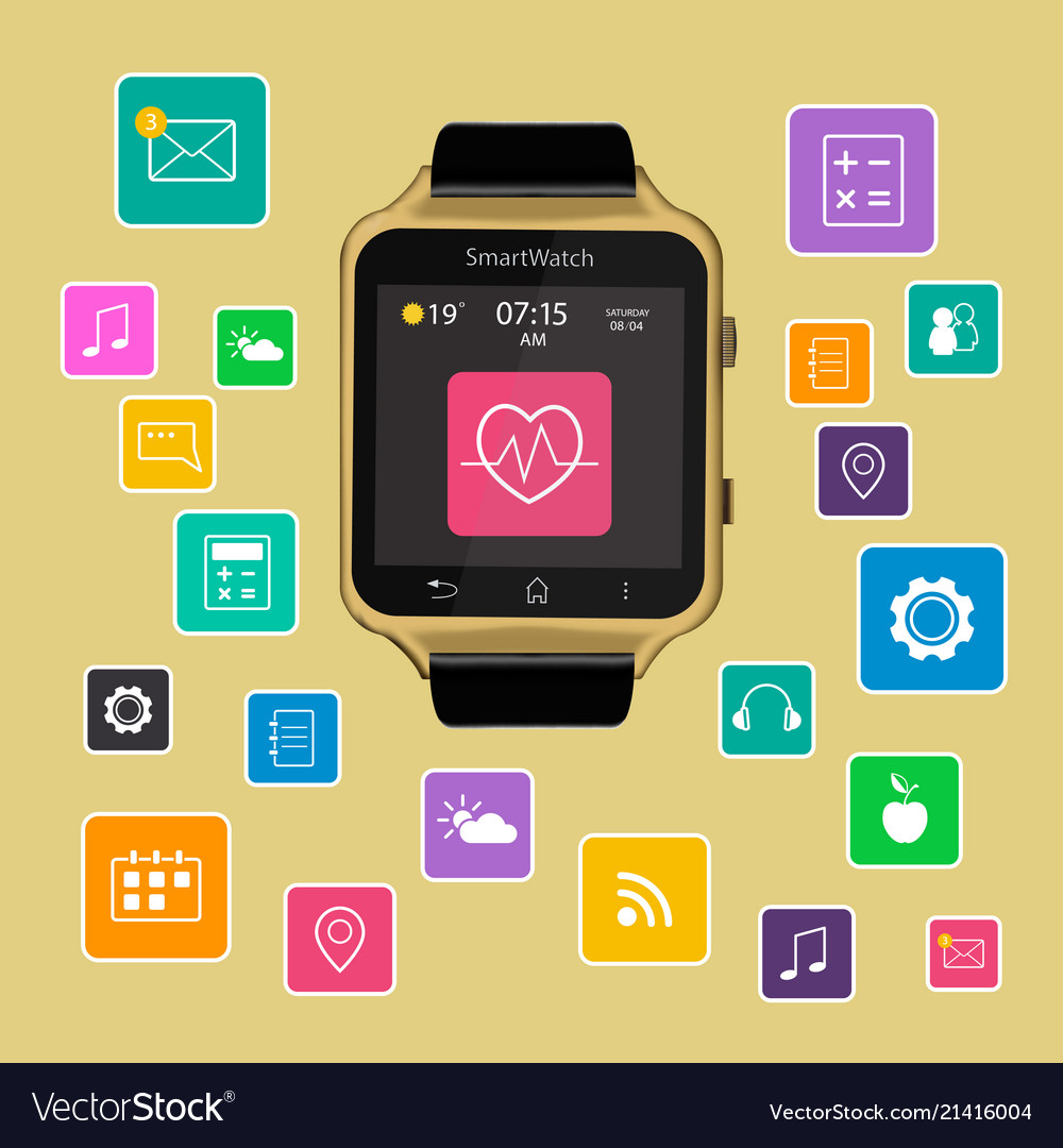 Smart watch device display with app icons vector image Smart watch device display with app icons