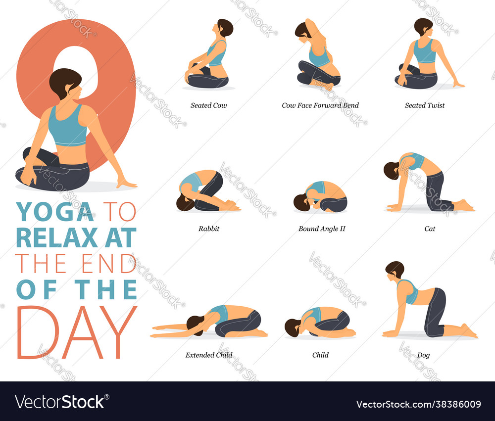 9 yoga poses for relaxation exercise concept Vector Image