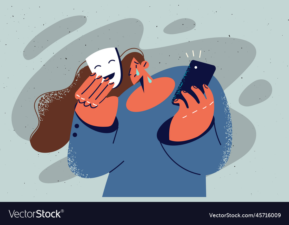 Crying woman take off mask suffer from internet