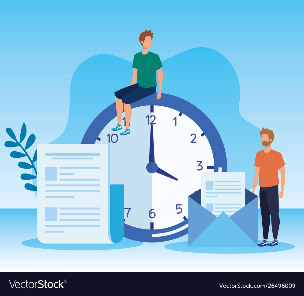 Men teamwork with documents information and clock vector image Men teamwork with documents information and clock