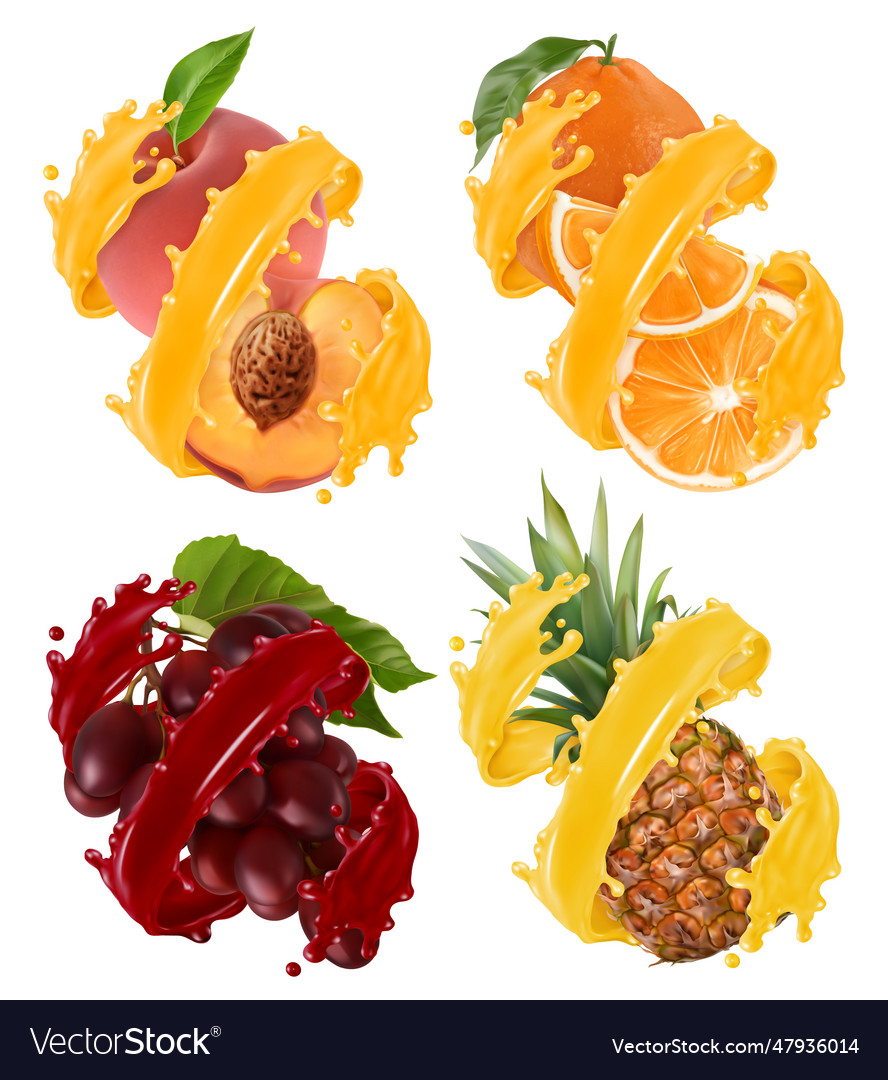 Fruits and berries in splash of juice orange Vector Image