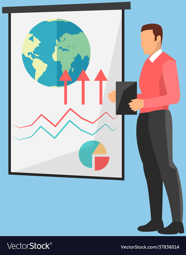 Man scientist with clipboard shows graph about