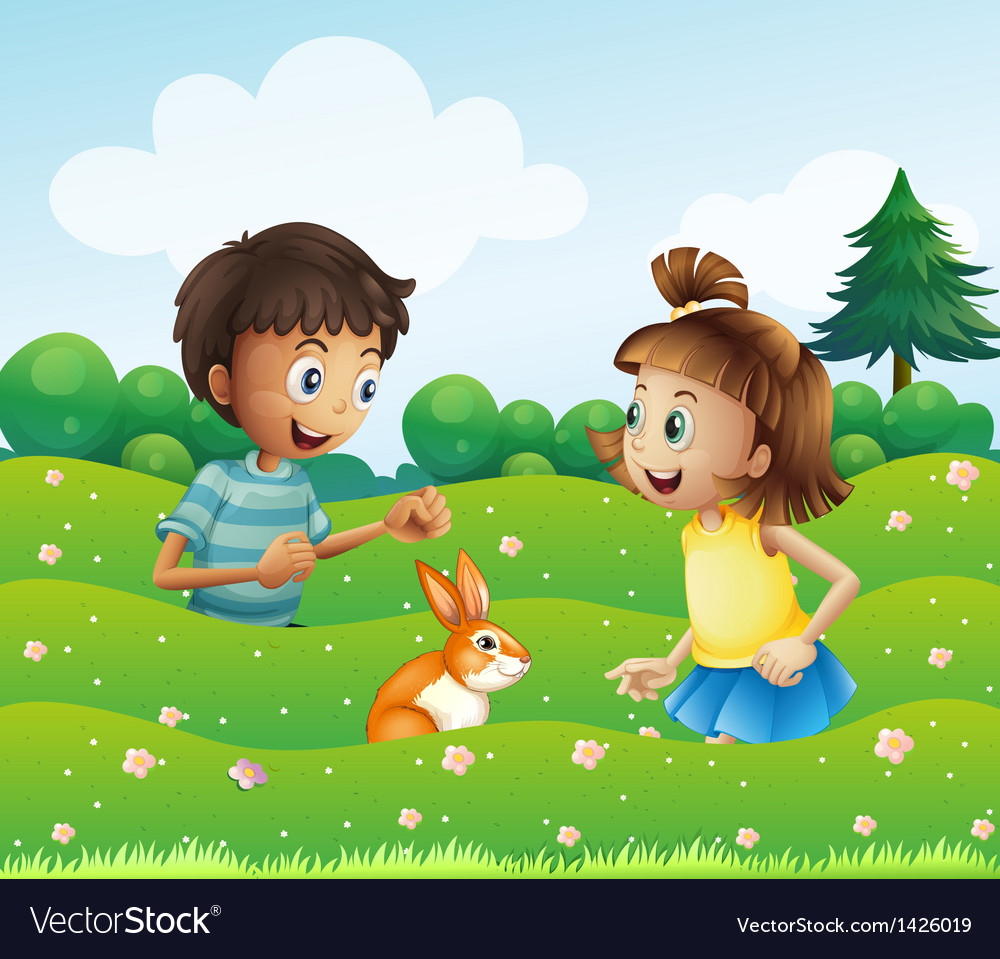 A girl and a boy with a bunny at the hill Vector Image