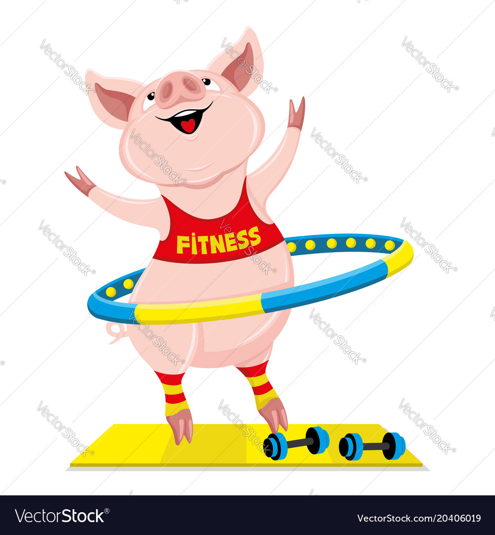 Cheerful pink pig with hula hoop