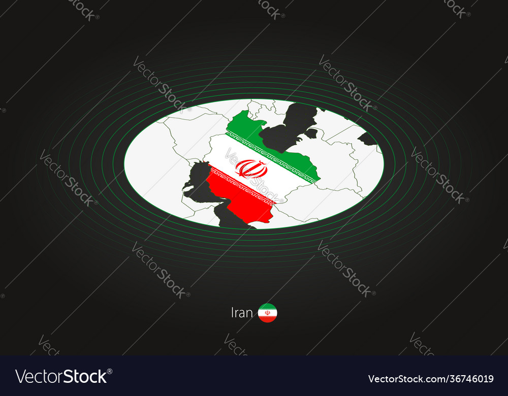 Iran map in dark color oval with neighboring