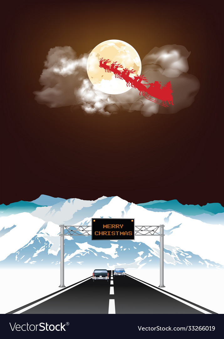 Santa flying over high altitude road at night