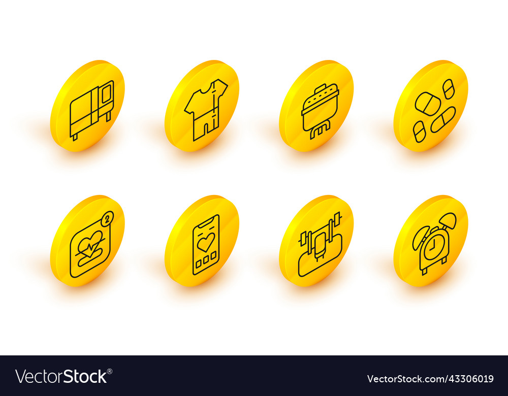 Set line alarm clock bench with barbel mobile vector image Set line alarm clock bench with barbel mobile
