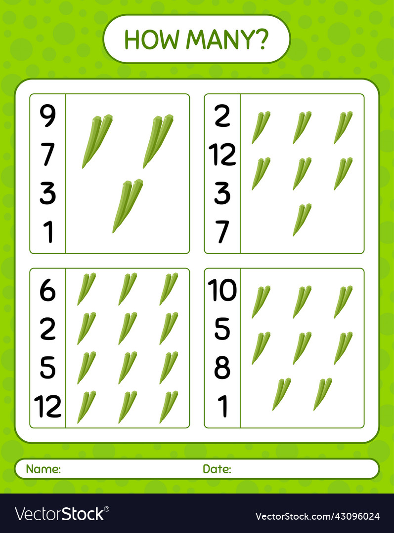 How many counting game with okra worksheet vector image How many counting game with okra worksheet