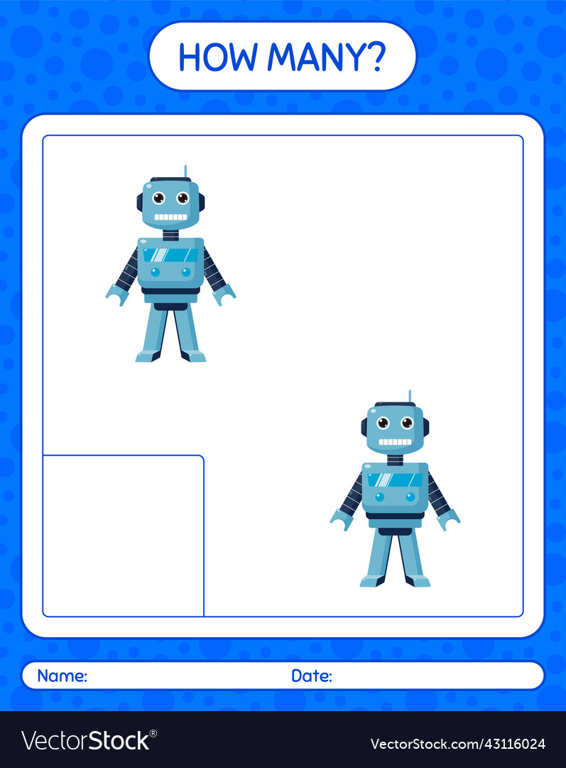 How many counting game with robot toy worksheet vector image How many counting game with robot toy worksheet