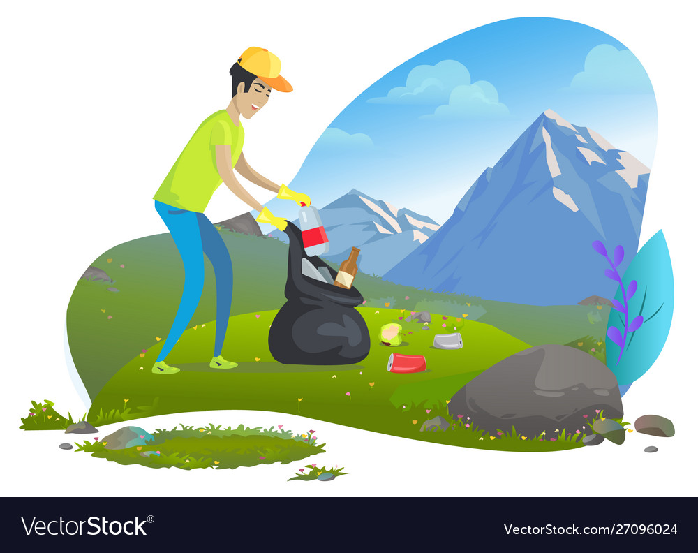 Man collecting trash in mountains image Vector Image Man collecting trash in mountains image