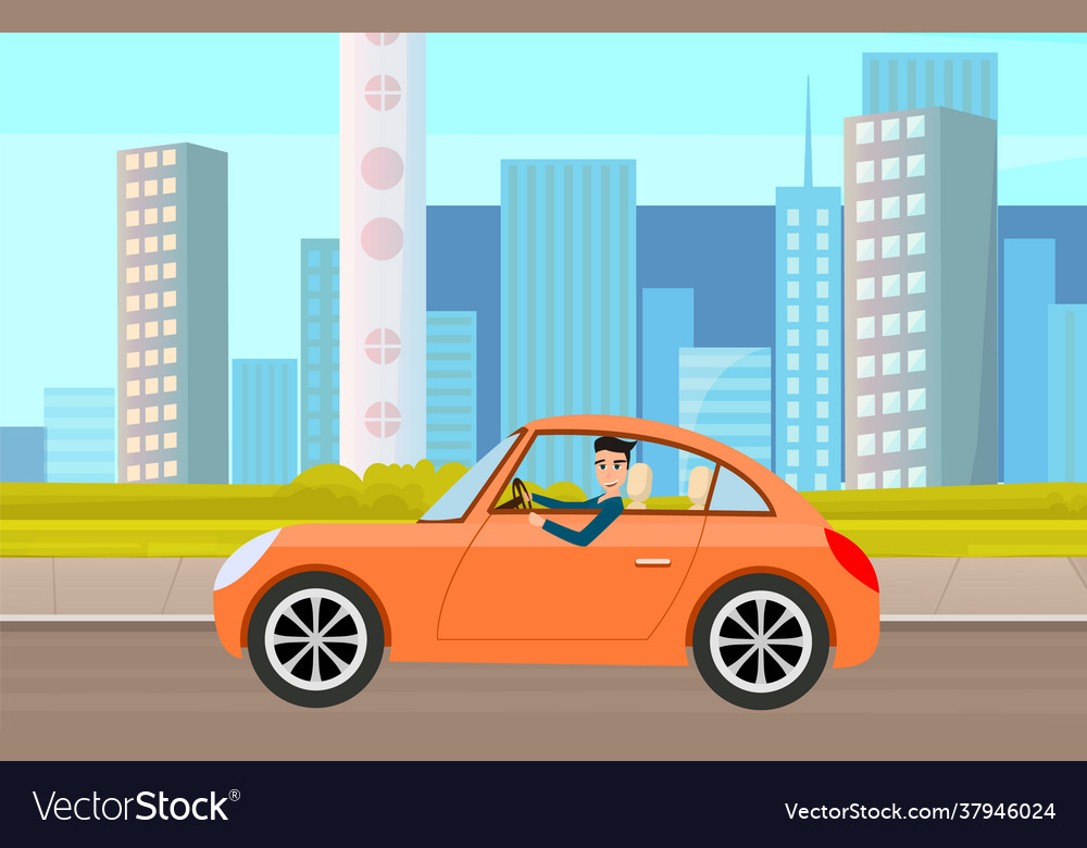 Modern Car Parking Along Town Street In Cartoon Vector Image