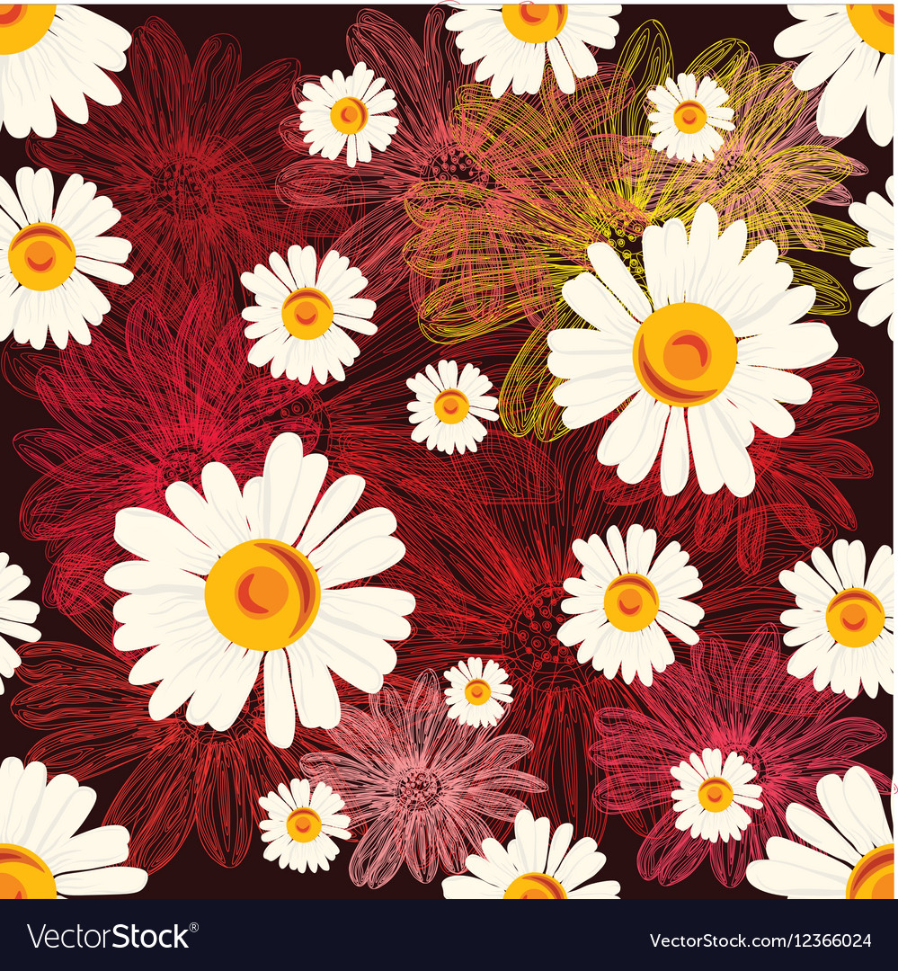 Seamless pattern with chamomiles on red background