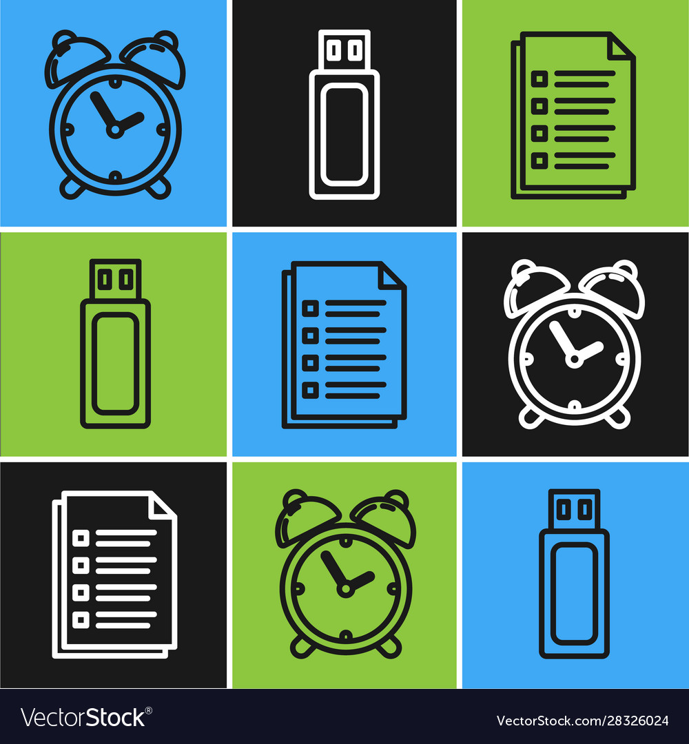 Set line alarm clock file document and usb flash vector image Set line alarm clock file document and usb flash