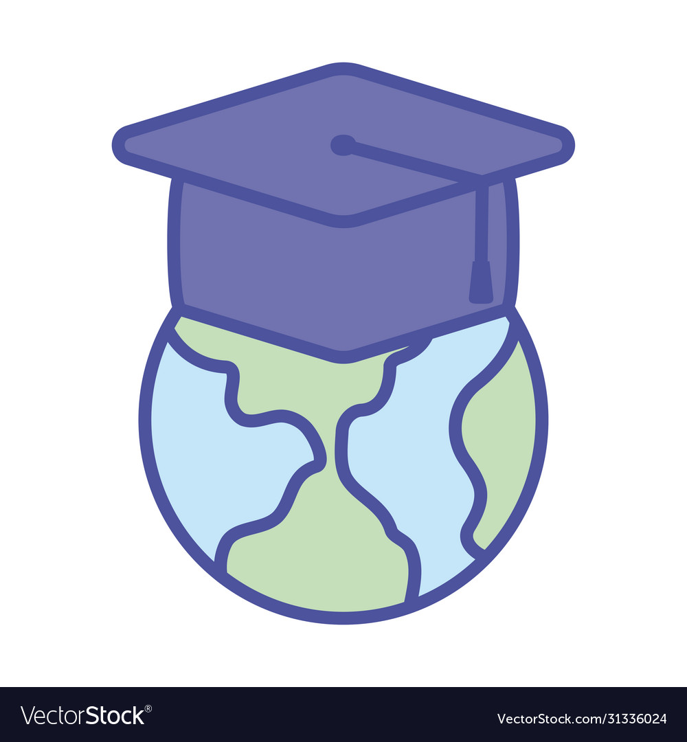 World with graduation cap line and fill style icon