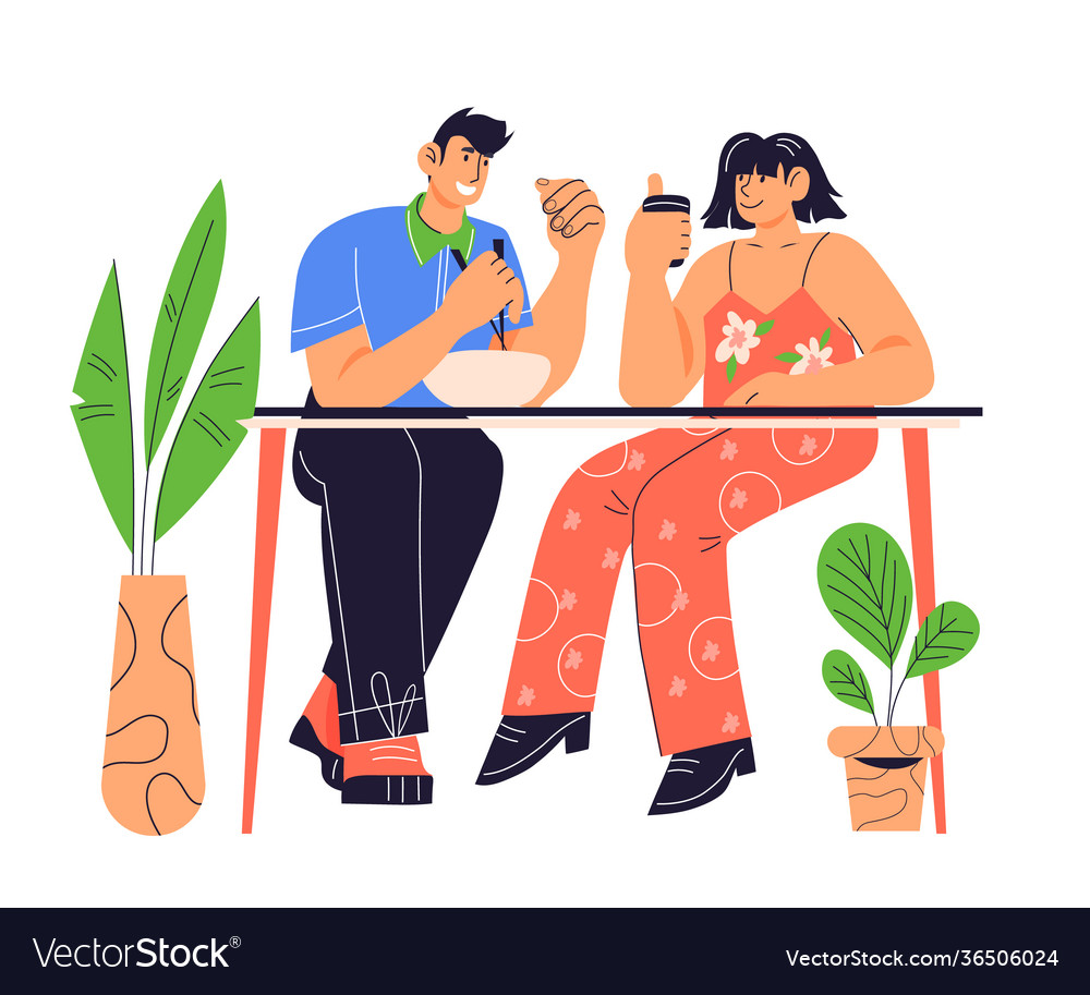 Young couple having lunch together cartoon