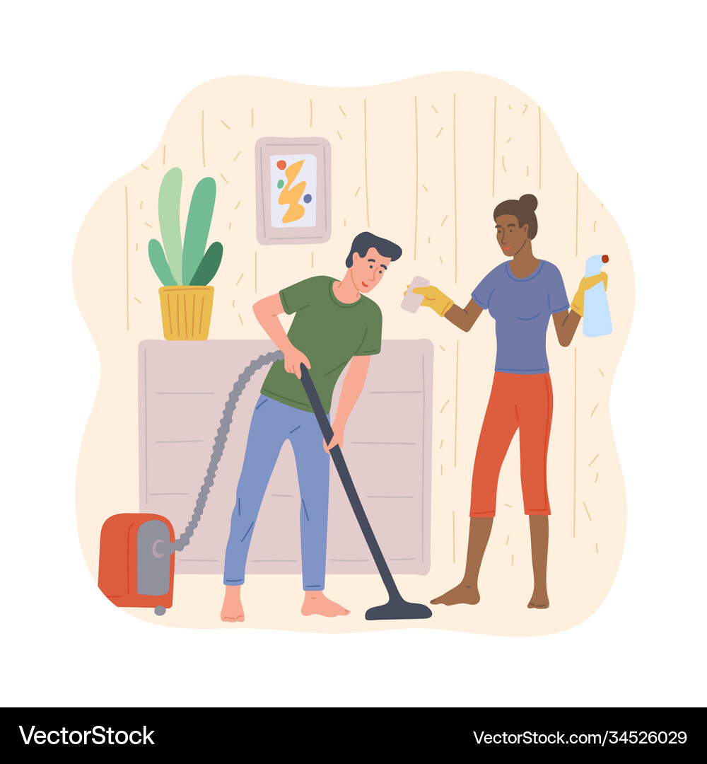 Couple doing household chores together flat Vector Image