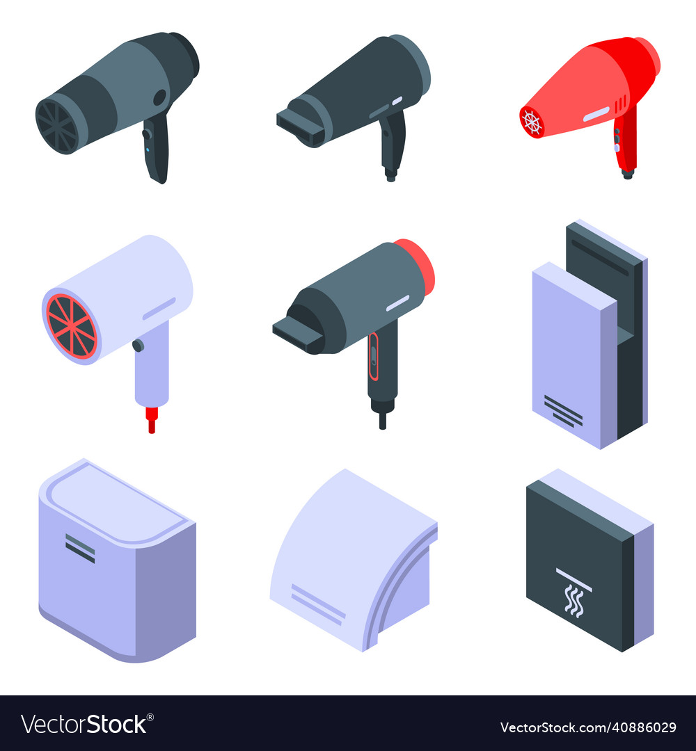 Dryer icons set isometric style